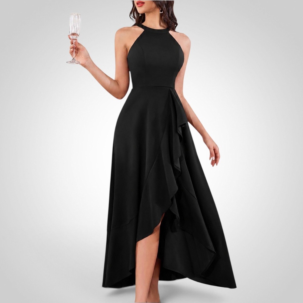 Dressystar Womens Black Halter High Low Ruffle Formal Evening Gown Dress Size M